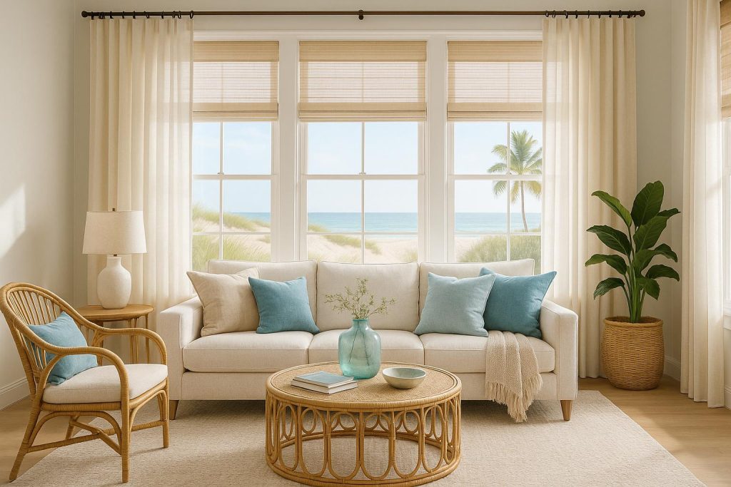 Coastal Window Coverings: Practical Solutions for a Breezy, Beautiful Home 4 coastal living room-harvey-blinds