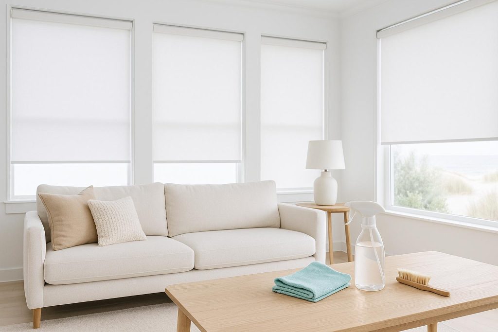 How to Clean Roller Blinds Quickly and Effectively 2 A bright, modern living room with pristine white roller blinds fully down. On a nearby table, a spray bottle, microfiber cloth, and small cleaning brush are neatly arranged, ready for use. clean roller blinds
