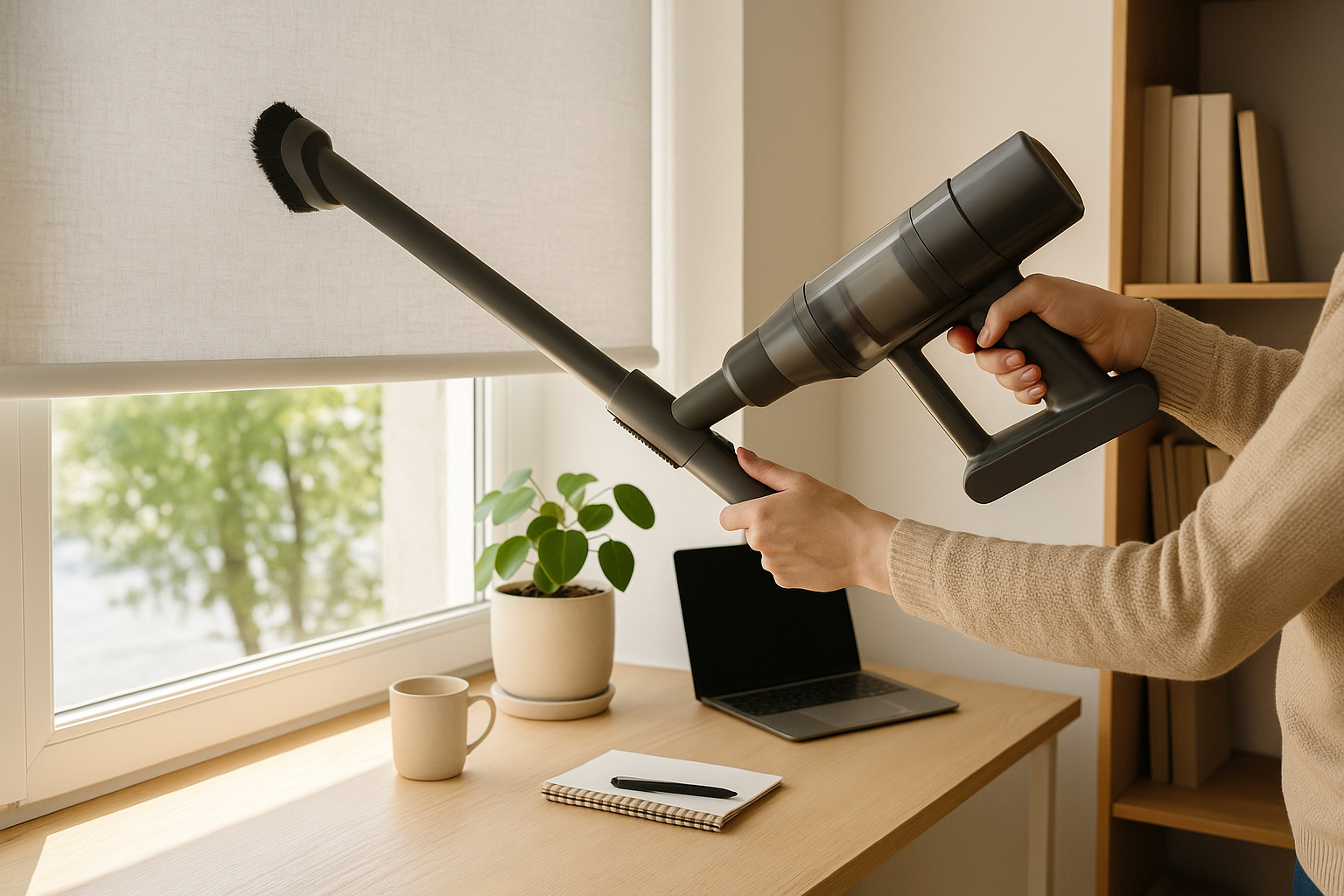 A person using a handheld vacuum with a brush attachment to gently clean roller blinds in a sunlit home office.