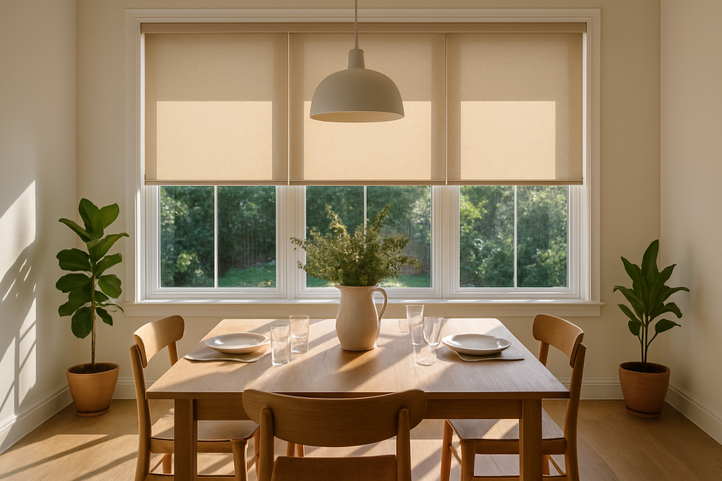 A Complete Guide to Choosing Roller Blinds for Your Home 1 Sunlit dining area with beige roller blinds half-lowered, casting soft shadows across a wooden table set for a meal — ideal for homeowners choosing roller blinds for light control and style.