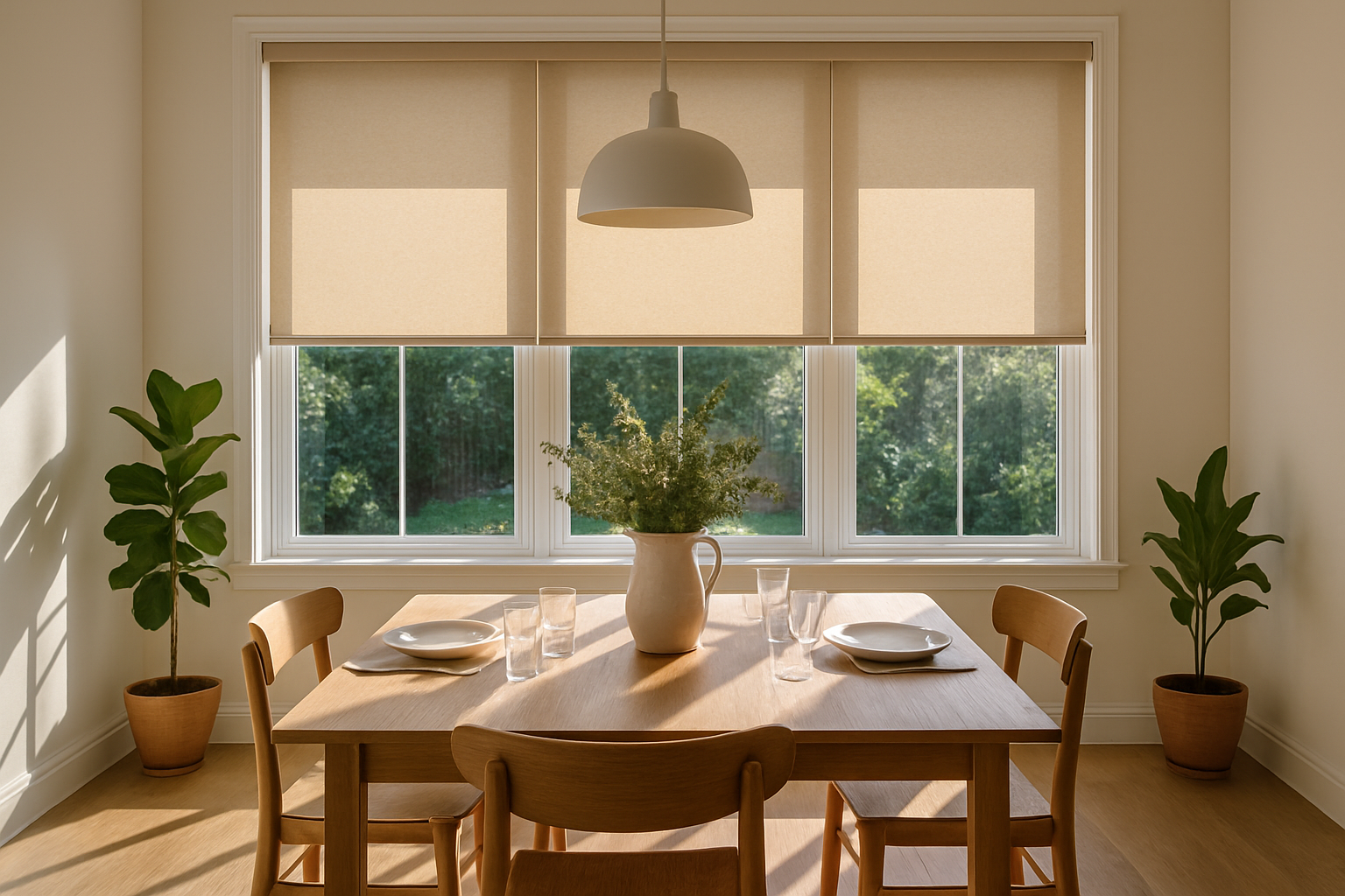 Sunlit dining area with beige roller blinds half-lowered, casting soft shadows across a wooden table set for a meal — ideal for homeowners choosing roller blinds for light control and style.