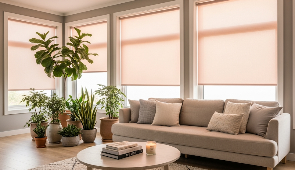 Finding the Perfect Coloured Blinds for Your Home 2 A modern living room with large windows fitted with coloured blinds in a soft neutral shade.