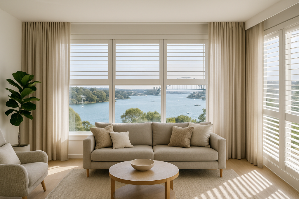 Why Custom Curtains Are a Smart Choice for Sydney Homes 1 A contemporary Sydney living room with floor-to-ceiling custom curtains in soft neutral tones, framing large windows with a view of the harbour.