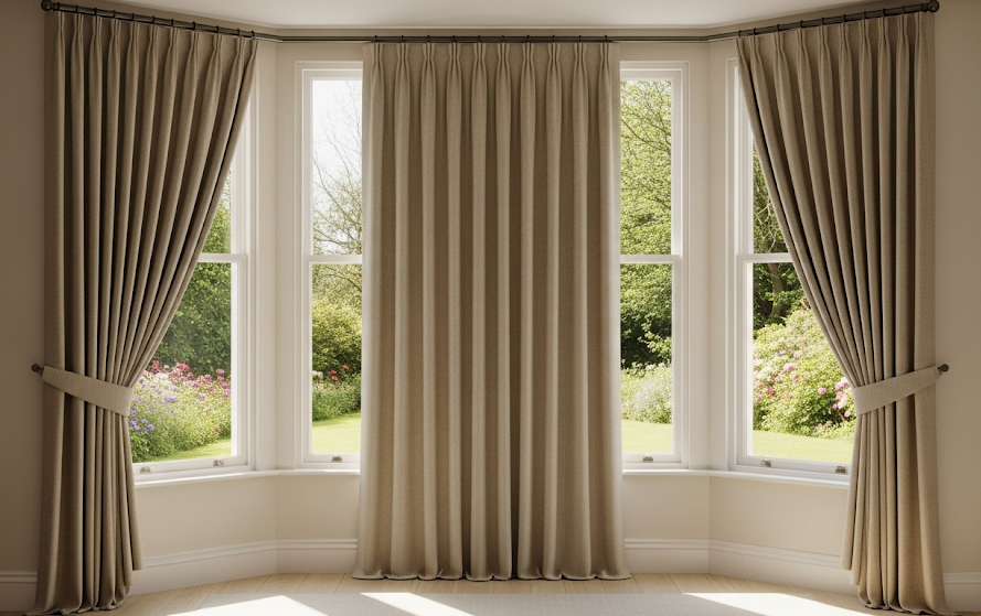 A wide bay window dressed with perfectly fitted custom curtains that align smoothly with the window frame.